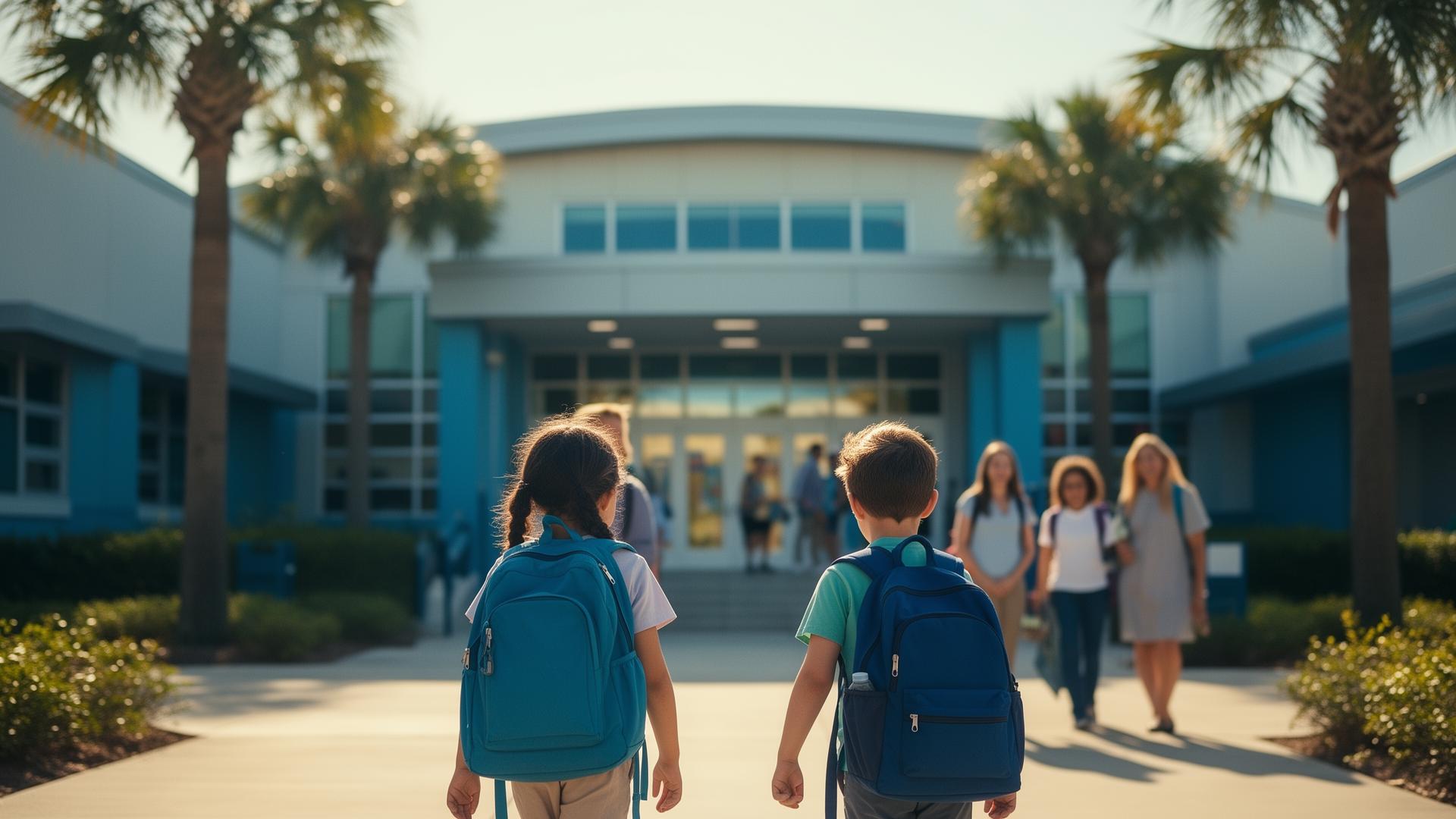 Niños caminando hacia su nueva escuela en St. Cloud